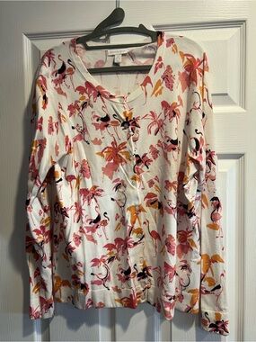 Charter Club Flamingo Print Cardigan - White, Pink & Mustard